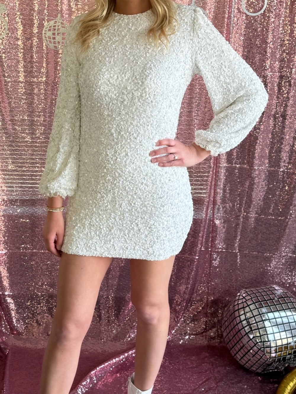 Sequin Balloon Sleeve Mini Dress in Silver